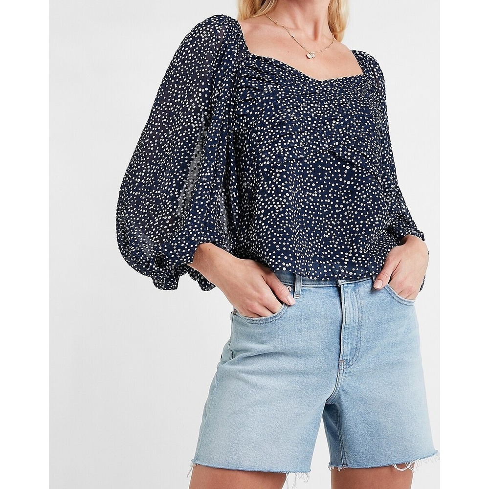 Express Navy Blue Polka Dot Puff Balloon‎ Sleeve Sweetheart Neckline Blouse XS